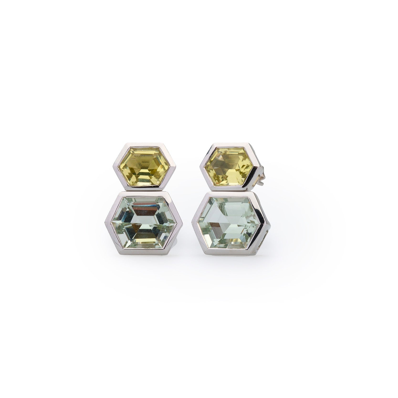 Glow on Glow Earrings - Lemon Quartz and Green Amethyst Hexagons